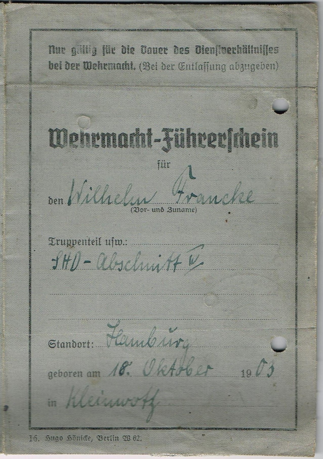 Photo Wehrmacht-Führerschein für Wilhelm Francke